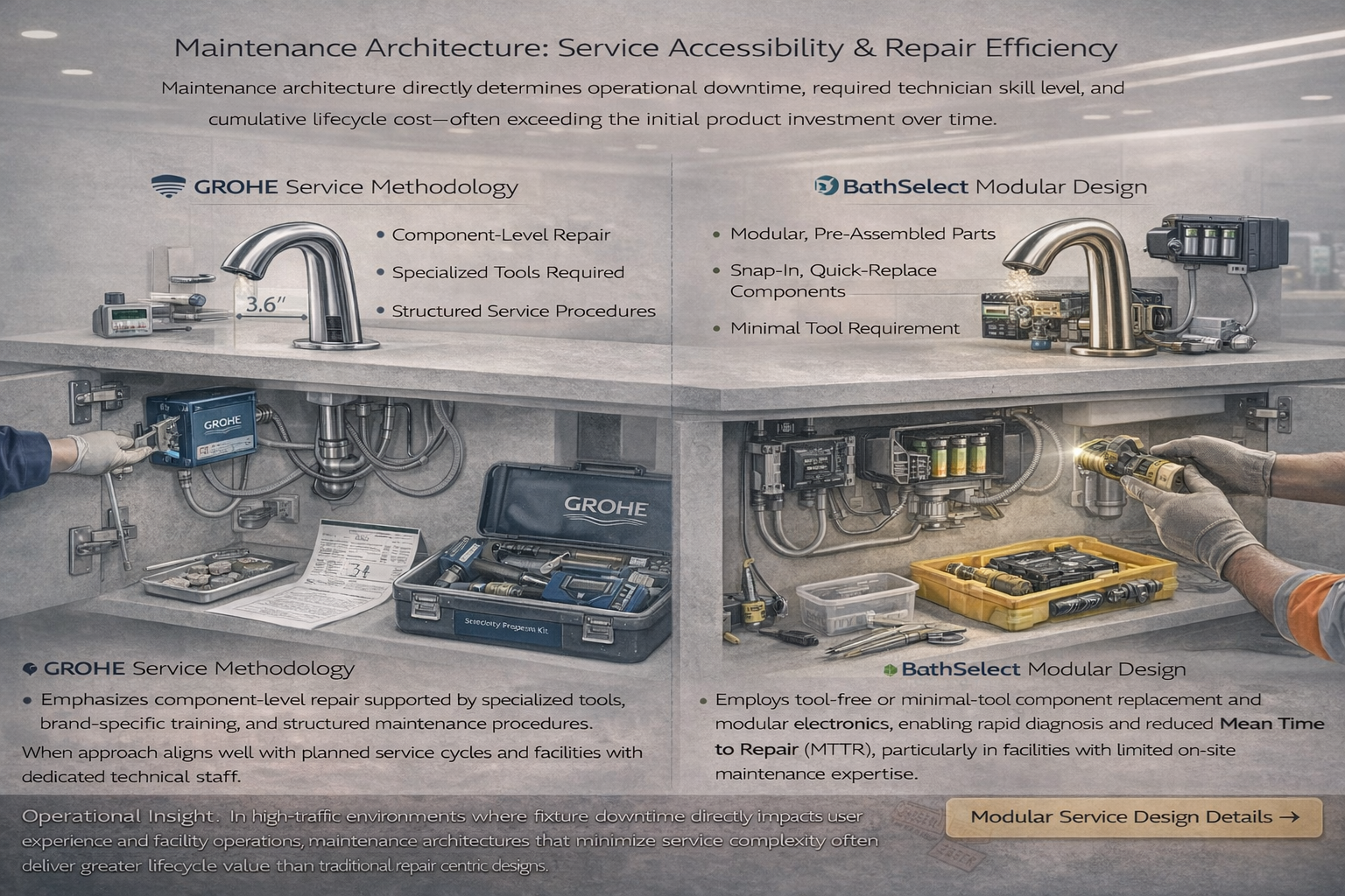 Commercial touchless faucet maintenance architecture illustrating service access, component replacement paths, and downtime reduction strategies